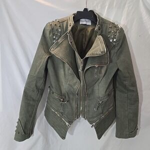 Fashion SX Women's Riveted Denim Zipper Jacket Motorcycle Bike Jacket Green Sz M